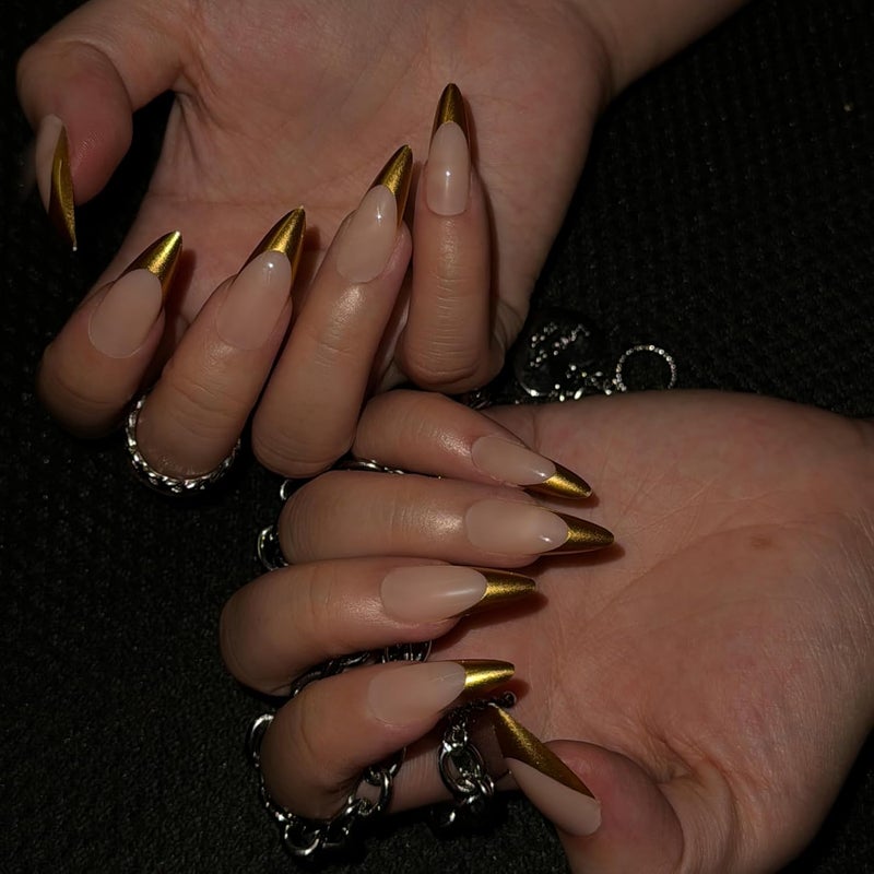 SINHOT Gold French Tip Press On Nails - Long Stiletto Fake Nails, Glossy Finish, Natural Daily Nails, DIY Artificial False Nail Art - 24 Pcs Nail Kit with Glue - Image 2